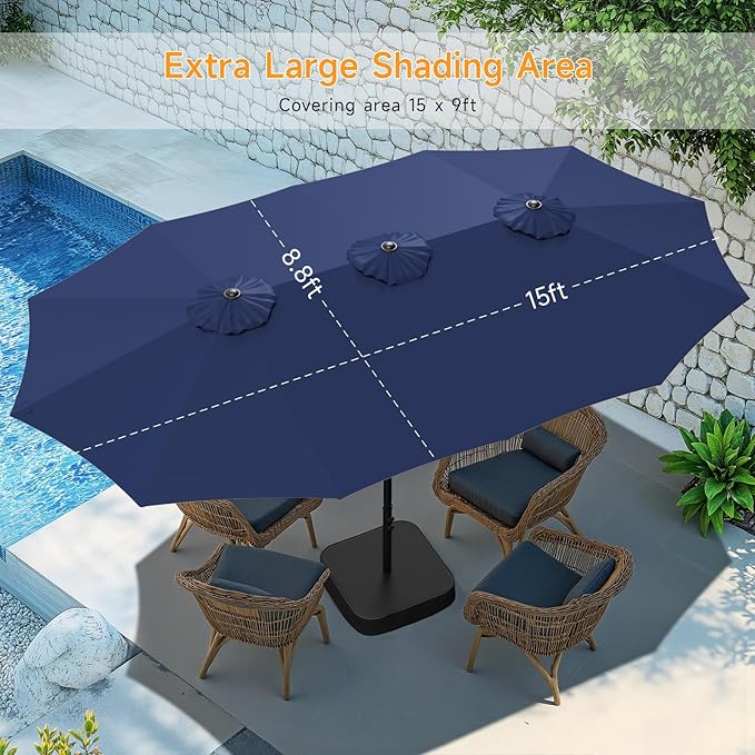 ONBRILL 15ft Patio Umbrella with Base Included, Extra Large Shade Area, Double Sided Rectangle Umbrella with Crank Handle for Poolside, Garden, Yard, Blue (Blue)