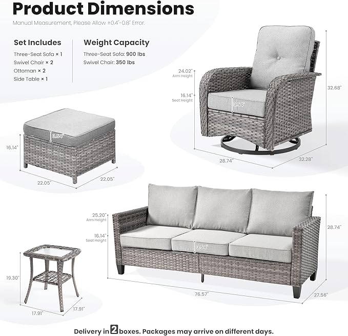 ovios 6 Pieces Patio Furniture Set, Outdoor Wicker Sofa Couch with Rocking Swivel Chairs Comfy Cushions, Modern Deep Seat Rattan Conversation Sets for Deck Porch, Dark Grey