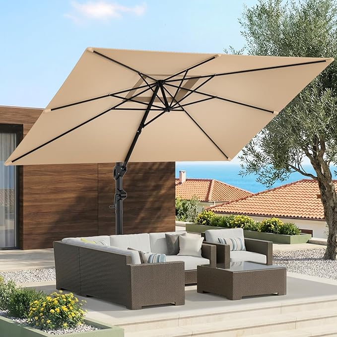 HOMSHADE 9x12FT Cantilever Patio Umbrella Outdoor with Base- Large Offset Heavy-Duty Aluminum Umbrella with 360° Rotation, 6 Tilts, Windproof, 3-Year Fade Resistance for Pool Deck, Rectangular, Beige