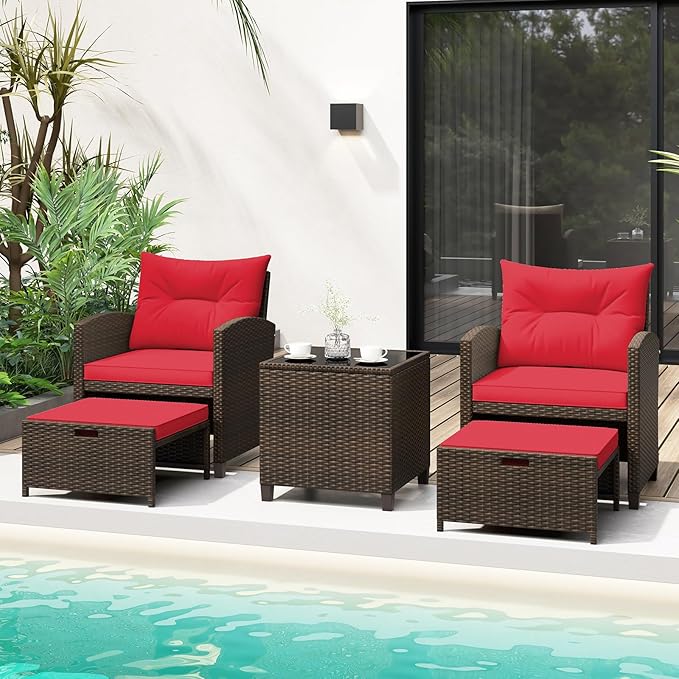 Tangkula 5 Pieces Patio Conversation Set, PE Wicker Rattan Outdoor Furniture Set with 2 Chairs, 2 Ottomans & Tempered Glass Coffee Table, Ideal for Poolside, Backyard, Lawn, Deck, Mix Brown & Red