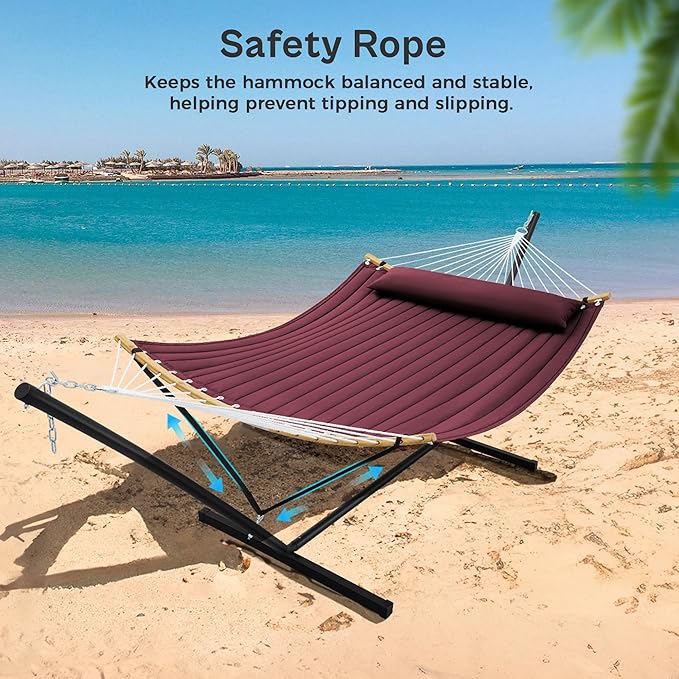 SUPERJARE Curved-Bar Hammock with Stand, 2 Person Heavy Duty Hammock Frame, Detachable Pillow & Portable Carrying Bag, Perfect for Outdoor & Indoor, Burgundy