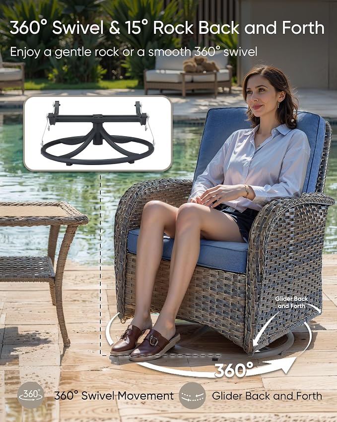 HUMMUH Luxury Patio Furniture Set with High Back Swivel Rocker Chairs & 3 Seater-Couch & Steel Fire Pit Table & Ottomans 7 Pieces Outdoor Conversation Set for Porch,Deck,Backyard