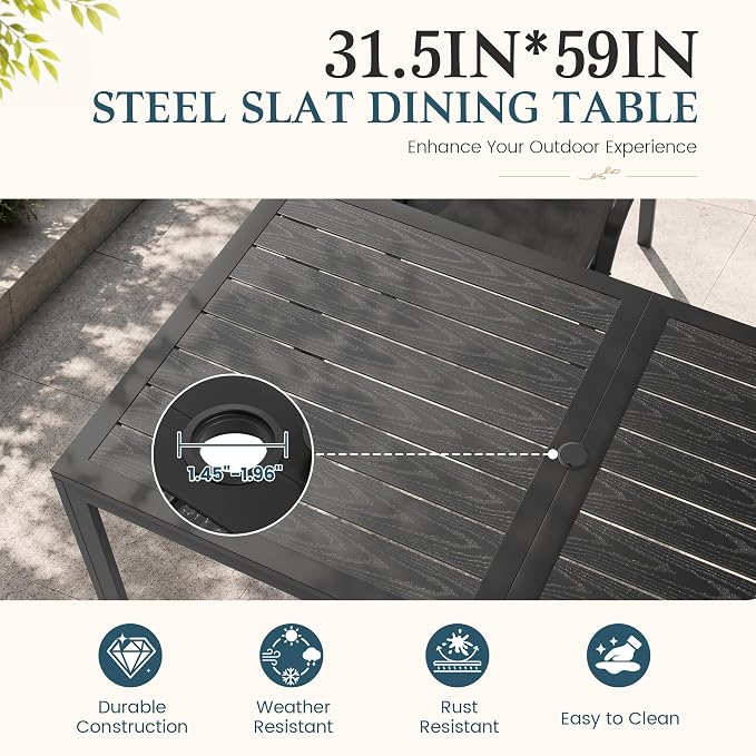 7-Piece Outdoor Dining Set, All Weather Patio Table and Chairs Set with Umbrella Hole for 6, Steel Slat Table and 6 Textilene Chairs for Backyard, Poolside and Deck, Black(No Umbrella)