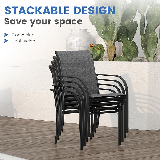 VICLLAX Patio Dining Set for 6, 7 Pieces Outdoor Furniture Set- 47" Round Patio Table and 6 Patio Chairs, Grey Wood Grain Tabletop and Grey Fabric