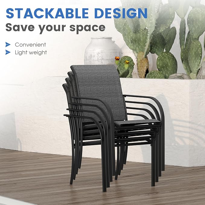 VICLLAX Large Patio Dining Furniture Set, Outdoor Dining Set for 10-60" Round Outdoor Table and Patio Stackable Chairs, Grey Wood-Like Tabletop and Dark Grey Fabric