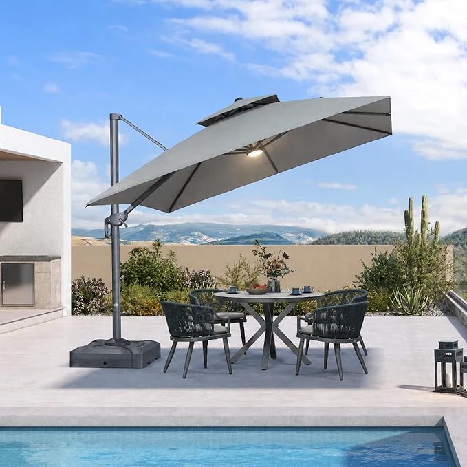 PURPLE LEAF 10 FT Cantilever Patio Umbrella with Light, 220lbs Base Large Square Windproof Offset Umbrella for Pool Deck Garden, Pebble Grey