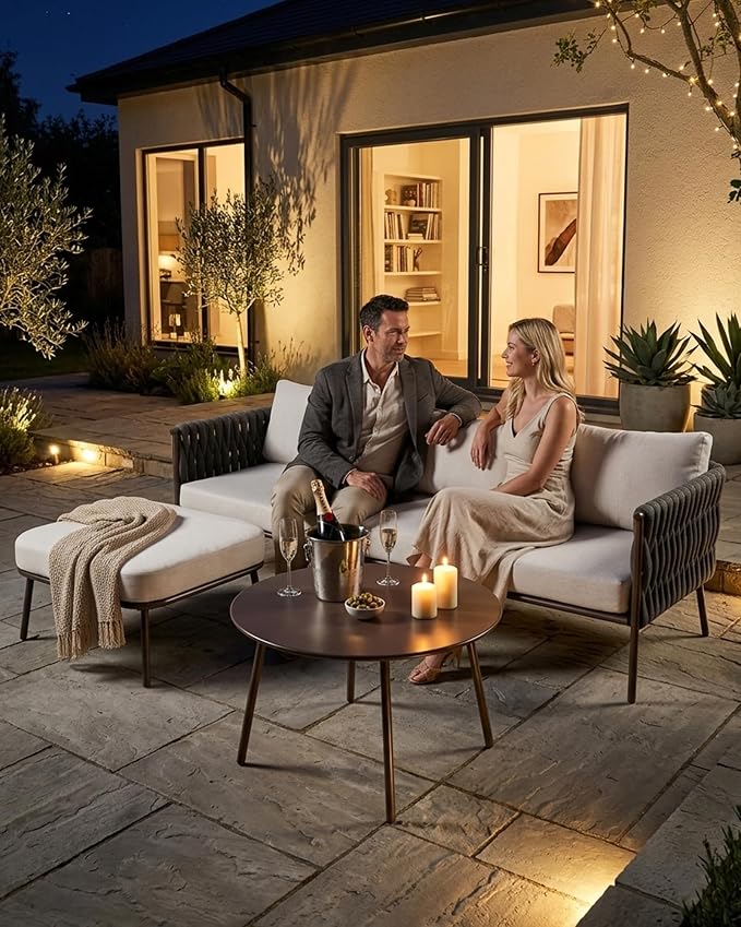 3 Piece Patio Furniture Set, Woven Rope Outdoor Sectional Sofa with Ottoman & Round Table, Deep Seating Patio Conversation Sets with Oversized 3-Seater Couch & Beige Washable Cushions