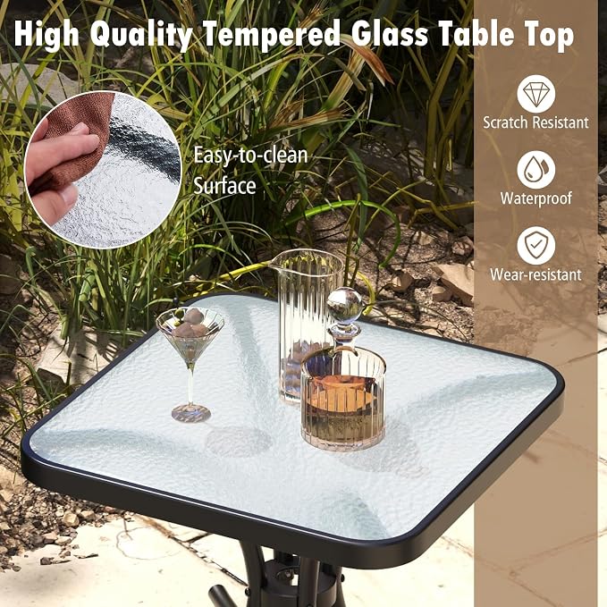 HAPPYGRILL Outdoor Side Table Square Patio End Table with Tempered Glass Top, 20" Bistro Table with Heavy-Duty Metal Frame, Indoor Small Compact Coffee Table for Garden Backyard Poolside