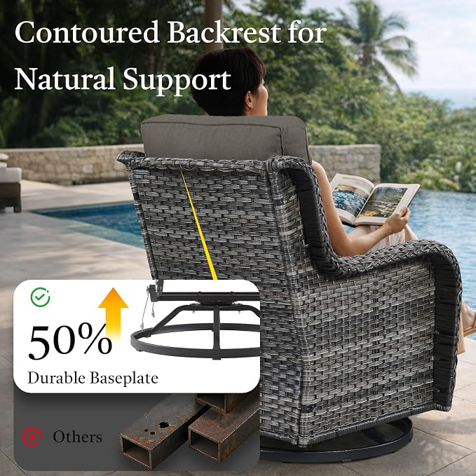 6 Piece Patio Furniture Set with Ottoman - All Weather Patio Conversation Set with 4 Inch Thick Cushions and Deep Seating Swivel Glider Chairs & Outdoor Couch for Porch Deck Yard Pool