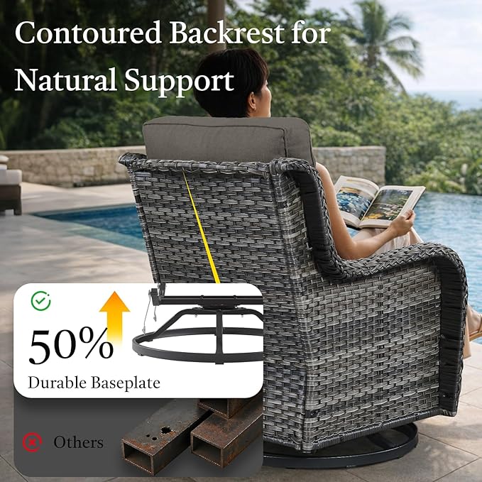 Outdoor Swivel Rocker Patio Chairs with Side Table 3 Pieces PE Wicker Patio Furniture Set for Porch Deck Balcony Garden-Grey/Grey