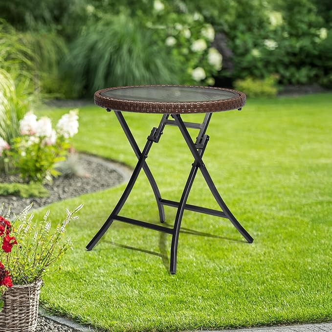 Folding Small Outdoor Side Table, Round Rattan Patio End Table All Weather, Patio Wicker Table and Outside Furniture for Pool, Balcony, Deck, Porch, Brown