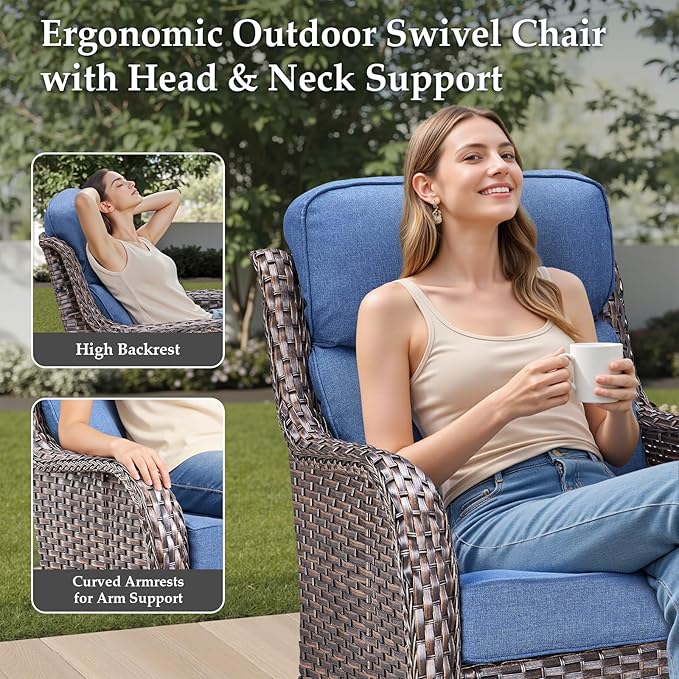 Luxury Patio Furniture Set with Fire Pit Table-4 Pieces High Back Wicker Swivel Rocker Chairs with 6" Extra Thick Cushions, Outdoor Patio Conversation Sets for Porch Deck(Brown/Blue)