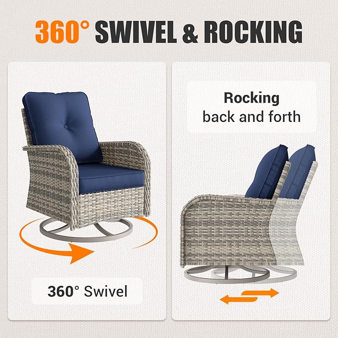 6-Piece Patio Rocking Swivel Chair Outdoor Wicker Rattan Bistro Set with Tempered Glass Side Table, Outdoor Patio Furniture Set for Garden, Deck, and Balcony, Blue