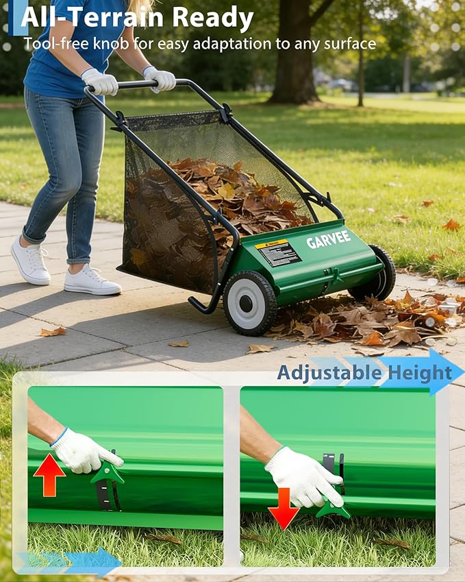 GarveeLife Push Lawn Sweeper, 26 Inch Extra-Wide 4-Brush System, 7 cu.ft. Mesh Bag, Heavy Duty Steel Frame, Height-Adjustable Yard & Garden Cleaner for Leaves and Grass