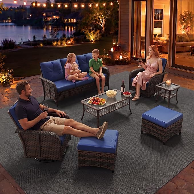 Aoxun 9-Piece Patio Furniture Set with Thick Cushions, Wicker Outdoor Sectional Sofa with High Back Swivel Rocker Chairs, Outdoor Patio Furniture Set with Coffee Table & Ottoman, Blue
