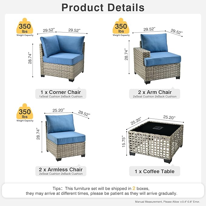 WEAXTY 6 Pieces Patio Furniture Set, Outdoor Sectional Sofa Couch with Solar Coffee Table, All-Weather Outside Furniture Patio Conversation Sets for Backyard Porch Balcony (Sapphire Blue)