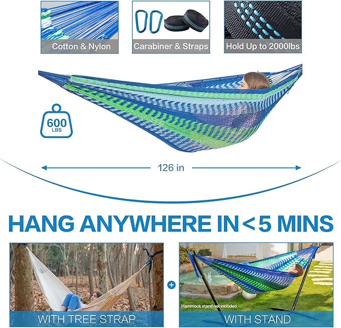 PNAEUT Handwoven Mayan Hammock, Thick Soft Rope Double Hammock for Outdoor Outside & Indoor, 600 lbs Capacity Heavy-Duty, Includes Tree Straps, Carabiners & Carry Bag(Lake Superior, X-Large)