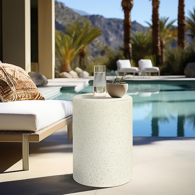 LuxenHome Outdoor Side Table, 18 Inch Cement Outdoor End Tables for Patio, Garden Accent Table, Modern Small Round Side Tables for Outside, Tree Stump Garden Stool Drum Indoor and Outdoor