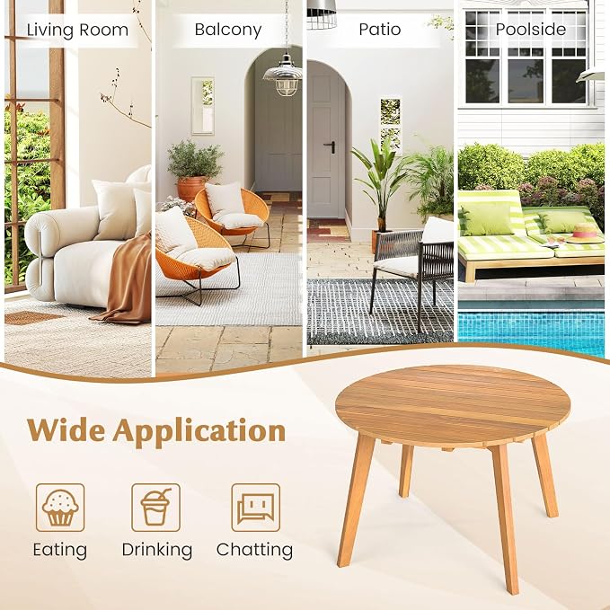 Tangkula Outdoor Side Table, 24.5 Inch Acacia Wood Round Accent Bistro Patio Table with Slatted Tabletop, for Backyard, Balcony, Poolside, Garden (1)