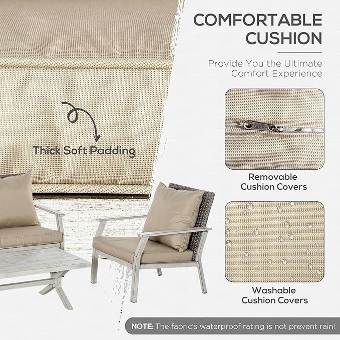 Outsunny 4 Pieces Patio Furniture Set with Cushions, Outdoor Wicker Conversation Sofa Sets, Aluminum Frame Sofa Sets for Backyard, Poolside, Garden, Beige