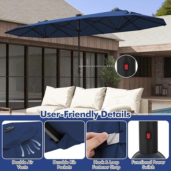 HAPPYGRILL Double-Sided Patio Umbrella with Solar Lights, 13FT Large Umbrella with Base Included, Crank Handle, Market Twin Table Umbrella for Outdoor Backyard Garden Poolside