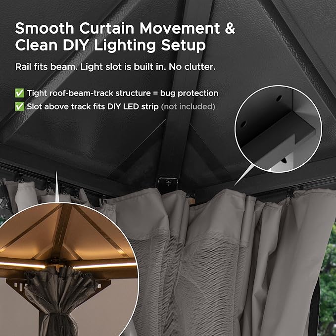 SUNJOY Kingston 14' x 12' Hardtop Gazebo with Curtain, Netting and Galvanized Steel Double Roof, Woodgrain Finish Aluminum Posts Permanent Pavilion Gazebo for Garden, Patio, Deck, Lawn