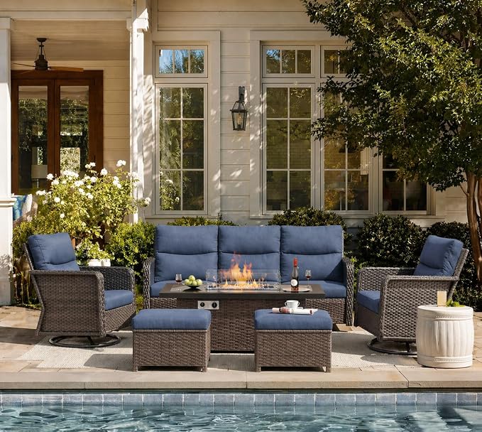 Yechen Patio Furniture Set 6 Peices with 44" Propane Gas Fire Pit Table -2 Wicker Swivel Rocking Chair, Outdoor Sectional Furniture Set with-4.3'' Cushion Conversation Sofa Set for Porch,Backyard