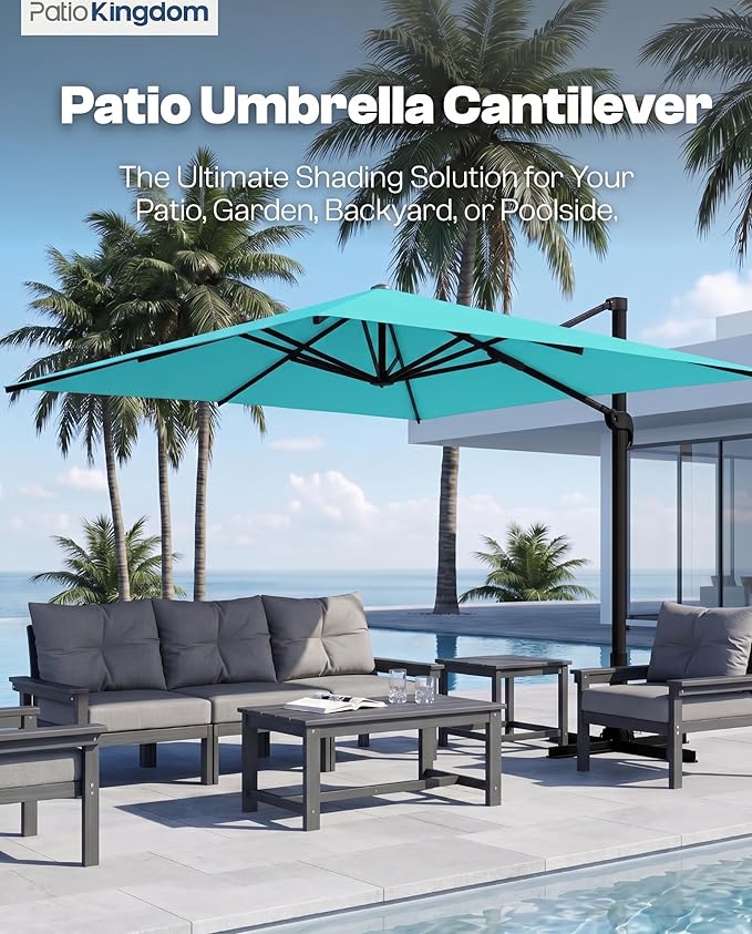 8' X 8' Patio Umbrella, Cantilever Umbrella with 360°Rotation, Offset Patio Umbrella with Easy Tilt & Fade Resistance for Pool Deck Garden Backyard, Peacock Blue (Base not Included)