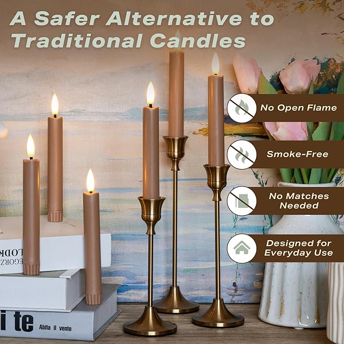 Brown Flameless Taper Candles with Remote, Short Battery Operated LED Candles, 6.4inch Flickering Flameless Candlesticks for Table Centerpiece, Farmhouse, Mantel, Window Decor, Set of 6