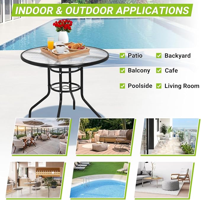 Outdoor Dining Bistro Table 32”Tempered Glass Patio Table, Round Patio Table with Umbrella Hole for Outdoor Dining Bars Garden Lawn Balcony Yard