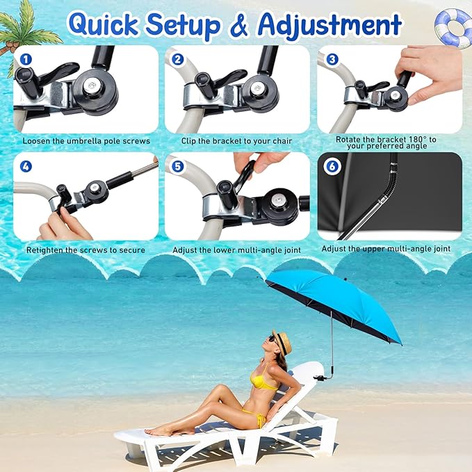 Sadnyy 6 Pcs Beach Chair Umbrella with Universal Clamp, 360 ° Adjustable Clip on Umbrellas 42" UPF 50+ Portable Sun Shade for Beach Chair Patio Camping Wheelchair Stroller Golf Cart