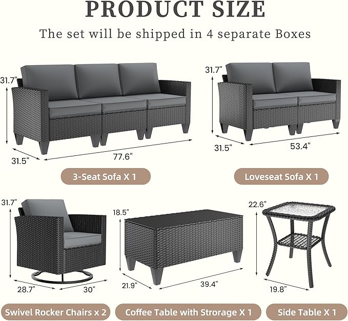 UDPATIO Patio Furniture Set, 6 Pieces Outdoor Furniture Sets with Rocking Swivel Chairs, Wicker Rattan Outdoor Conversation Set with Storage Table and Waterproof Covers for Backyard, Deck, Porch, Grey