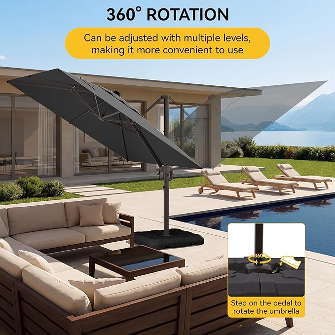 10x10FT Cantilever Outdoor Umbrella, 360° Rotating Large Offset Square Patio Umbrella, Ideal for Garden Backyard Deck Courtyard, Grey
