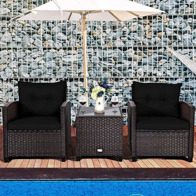 3-Piece Wicker Patio Furniture Set, Outdoor Sofa Set with Water-Resistant Cushion & Tempered Glass Table, Black