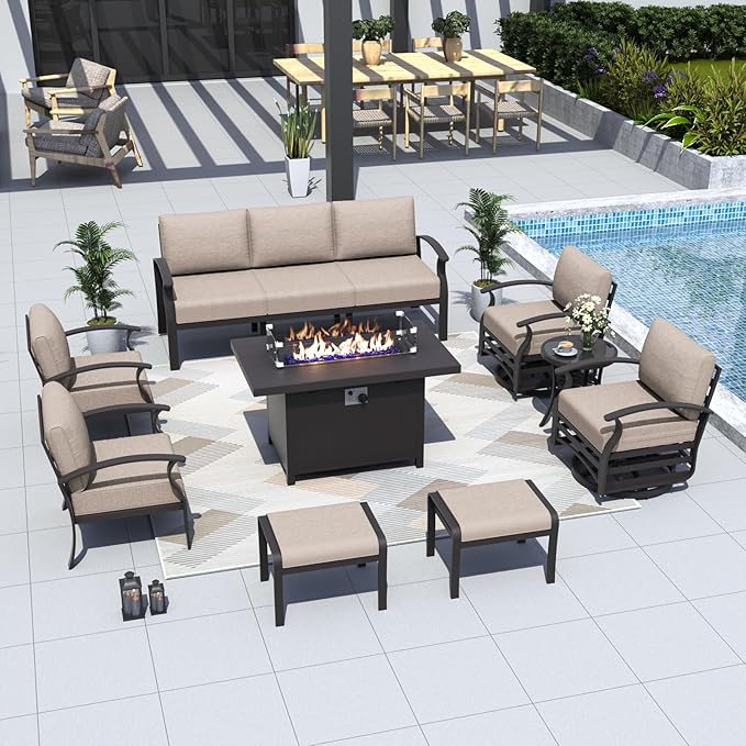 ALAULM Aluminum Patio Furniture Set with Propane Fire Pit Table 9-seat Metal Outdoor Furniture w/Swivel Chairs Patio Sectional Sofas w/2 Ottomans for Porch, Backyard, Poolside-Sand