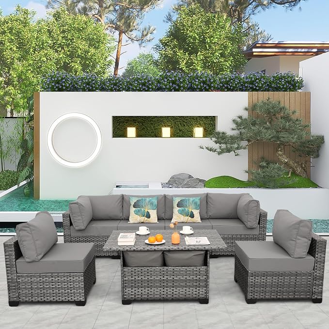 Lviden 7 Pieces Wicker Patio Furniture Set Outdoor Sectional Conversation Sofa Set with Storage Table Non-Slip Cushions and Furniture Cover, Light Grey