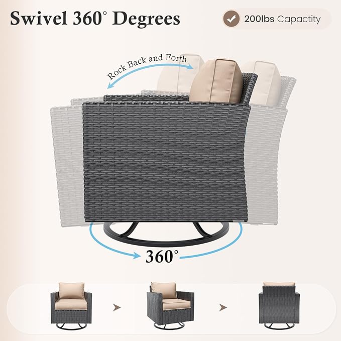 Amopatio Patio Furniture Set, 5-Piece Wicker Outdoor Sectional Sofa with Swivel Rocker Chairs, Rattan Conversation Set with Fire Pit Table and Waterproof Cover for Backyard Black/Khak