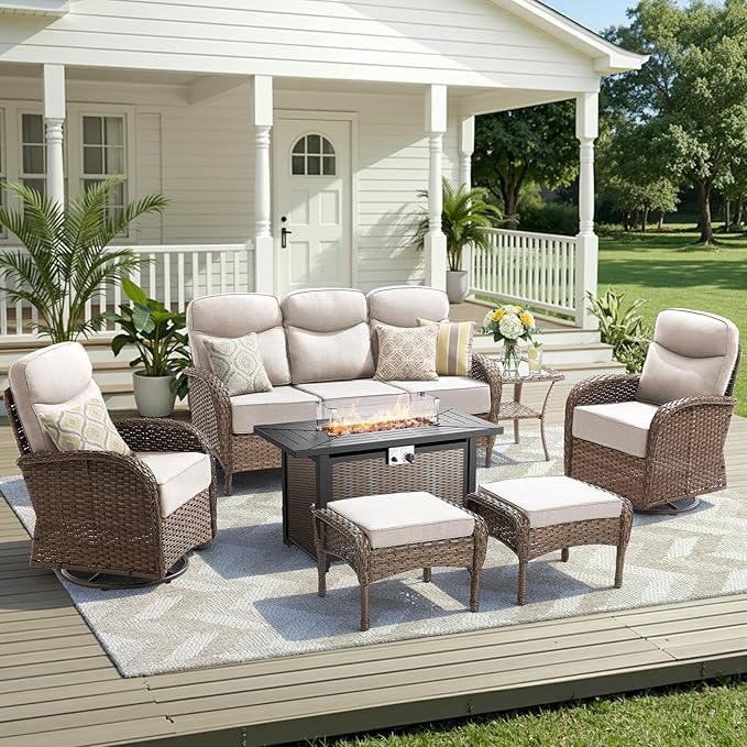 Luxury Patio Furniture Set with 42.5" Fire Pit Table, 6-Inch Thick Cushions Wicker Outdoor Furniture with Wicker Swivel Patio Chairs Set of 2, Patio Conversation Set for Deck Garden Porch, Beige