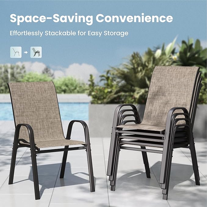 PHI VILLA 9 Piece Patio Table and Chairs Set for 8 Person, Large Metal Slat Rectangle Table and Stackable Patio Chairs with Textilene Mesh Fabric, All Weather Patio Furniture Set for Deck Lawn Garden
