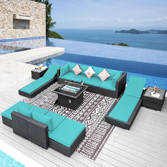 NICESOUL 13 Piece Patio Sectional with Fire Pit, Modular Wicker Outdoor Couch with Chaise Lounge, Large Size 29.3'' High-Back Deep Conversation Seating, All-Weather Backyard Furniture Set, Grey & Teal