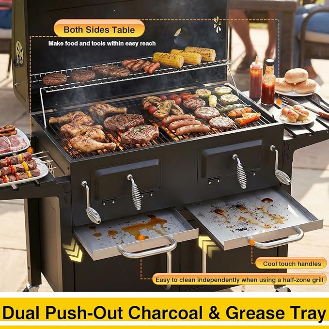 Bestfire 63" Oversized Charcoal BBQ Grill & Smoker, Large Outdoor Grill with 2 Individual Lifting Charcoal Trays, Cabinet-Style Charcoal Grills with Foldable Side Tables, 4 Wheels, Asadores de Carbon