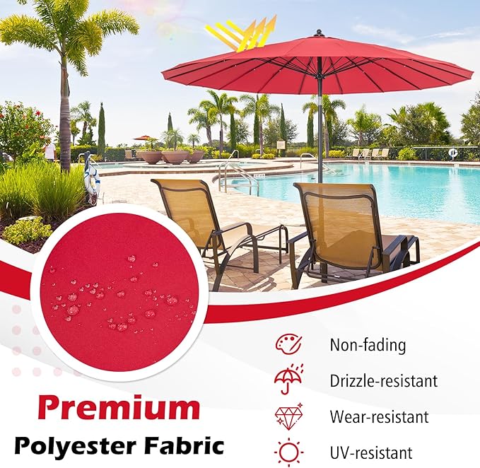 Tangkula 9FT Round Patio Umbrella, Outdoor Market Umbrella with 18 Fiberglass Ribs, Push Button Tilt, Crank, Fade-resistant Canopy & Ventilation, Aluminum Table Umbrella for Backyard, Pool (Wine)