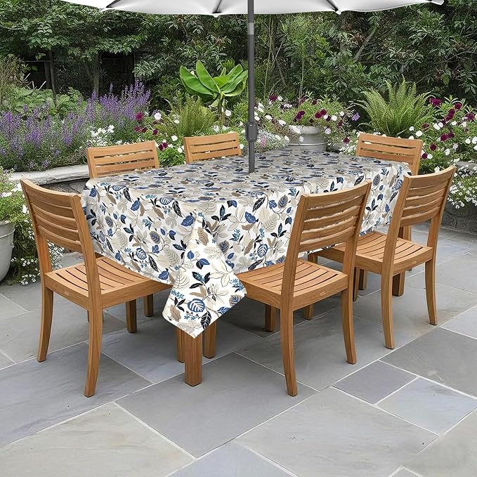 DYTXIII Outdoor Rectangle Tablecloth with Umbrella Hole and Zipper 84" x 60", Water Repellent Floral Picnic Cover, Fade & Wrinkle Resistant Tablecloth for Patio/Garden/Party Table, Leaves Beige