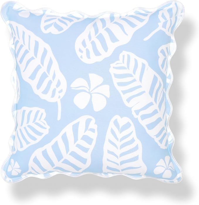 Hofdeco Premium Grandmillennial Coastal Hampton Patio Indoor Outdoor Throw Pillow Cover Only, 20"x20" Water Repellent for Backyard, Couch, Poolside, Baby Blue Print Palm Leaves and Hisbucs Flowers