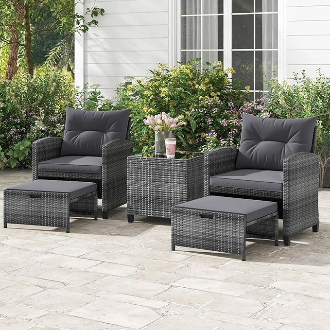 ORALNER 5 Pieces Patio Furniture Set with Ottoman, Wicker Conversation Set w/Cushions, Glass Coffee Table, Outdoor Lounger Rattan Chairs Bistro Set for Porch Balcony Garden Deck Poolside (Grey)