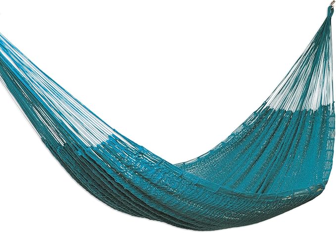 NOVICA Artisan Handmade Cotton Rope Hammock Teal Turquoise Blue Mexico Mayan Solid Backyard Barbeque Tropical Decor 'Uxmal Peacock'(Double)