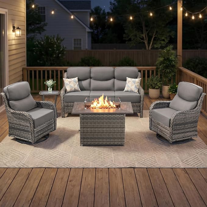 Luxury Swivel Rocker Chairs Fire Pit Table Set with 6" Thick Cushion 5 piece Wicker Outdoor Patio Chair with Sofa,Comfortable High Back Outdoor Patio Furniture Set - Gery | Gery
