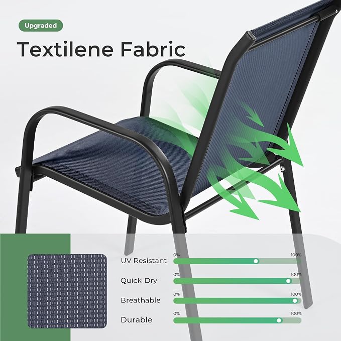 Outdoor Dining Set for 6, Patio Dining Set with Textilene Dining Chairs, Metal Dining Table with Umbrella Hole, Stackable Outdoor Chairs for Garden, Patio, Poolside and Backyard, Navy Blue