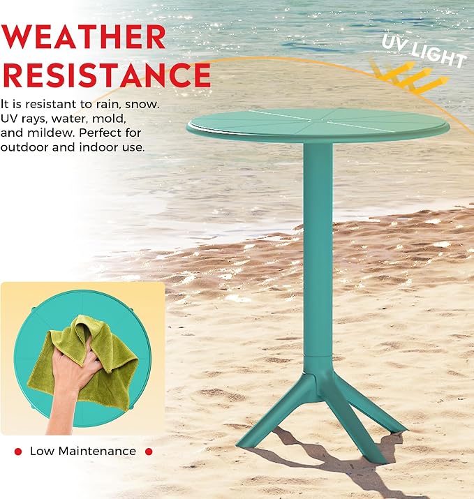Costaelm Patio Table for 4-Person, Outdoor Patio PP Round Dining Table, All-Weather Bistro Dining Table for Backyard Deck Porch Poolside, Turquoise
