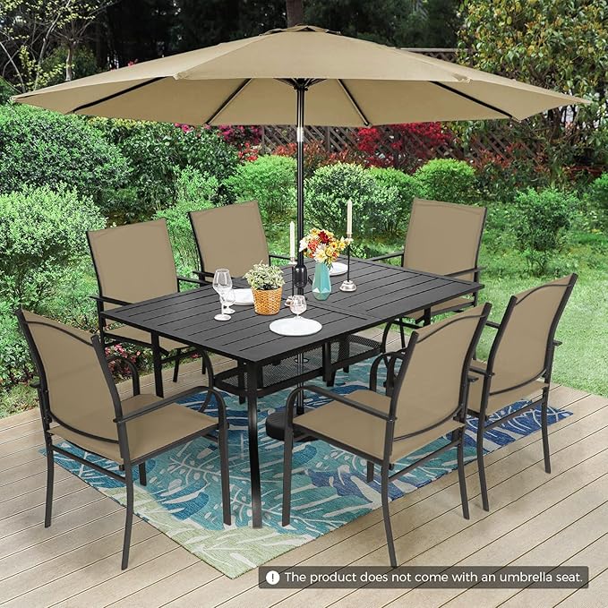 Incbruce 8 Pieces Patio Dining Set with Brown Umbrella, Outdoor Dining Set of 6 Textilene Chairs and Rectangle Table with Umbrella Hole for Backyard, Garden, and Poolside (Brown)